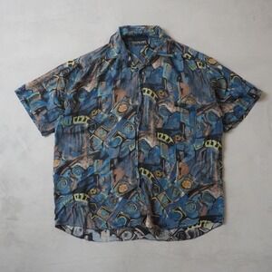 Vintage Colore Italia Silk Shirt Large Mens Blue Abstract Geometric Short Sleeve